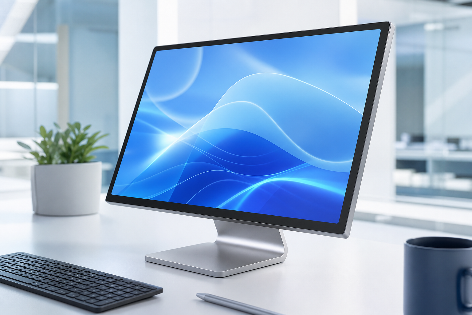AI touch display monitor in a modern workspace
